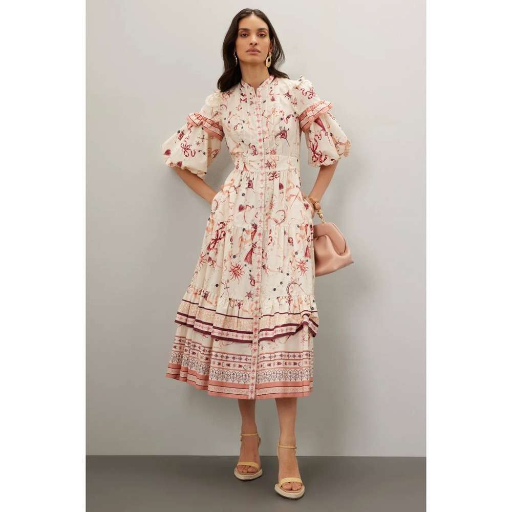 Marchesa Rosa Parker‎ Midi Dress Button Down Puff Sleeve Cream Red Sz 6